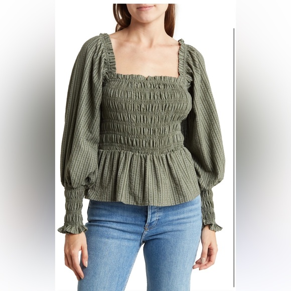 Maisie “Benny” Square Neck  Green Smocked Blouse - Picture 1 of 4